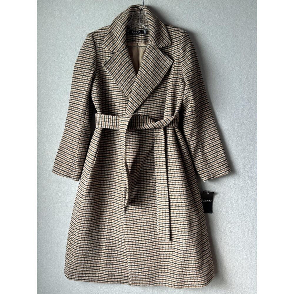 Lauren Ralph Lauren Coat Womens 4 Brown Wool Trench Belted Houndstooth Wrap Long